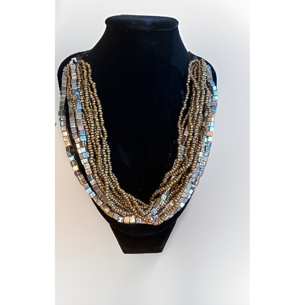 Chico Like Vintage Chunky Multi-Strand Silver & Gold Bead Waterfall Bib Necklace